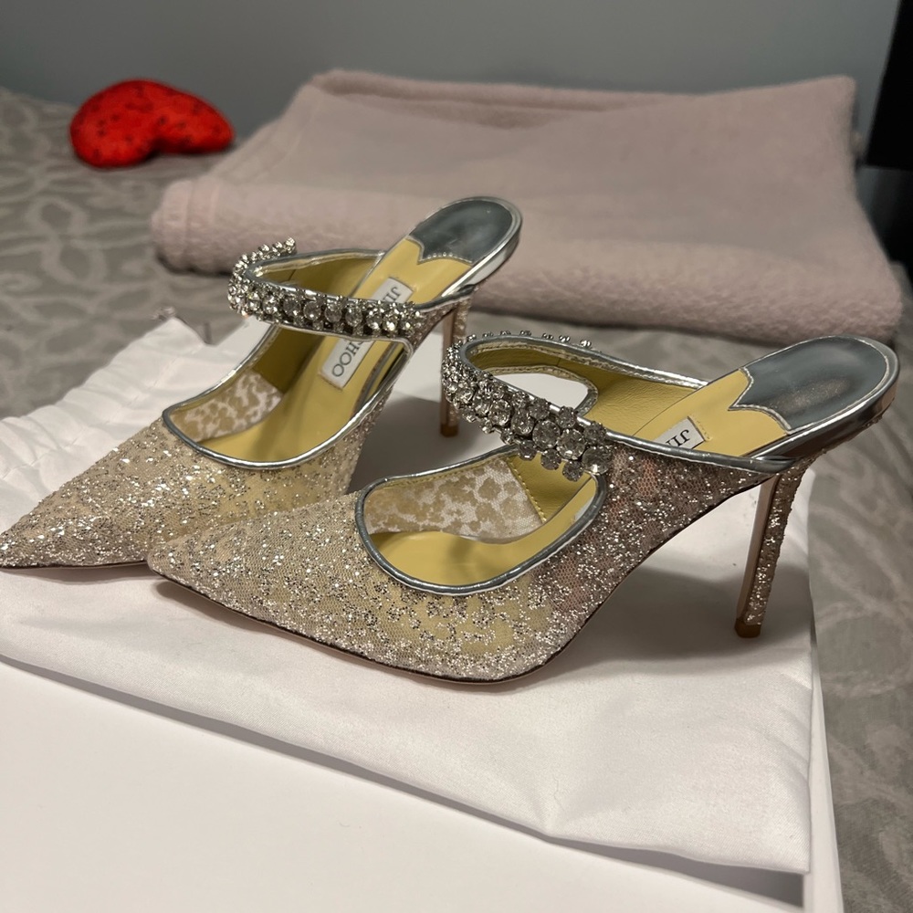 Jimmy Choo - Bing 100 glitter tulle mules replica